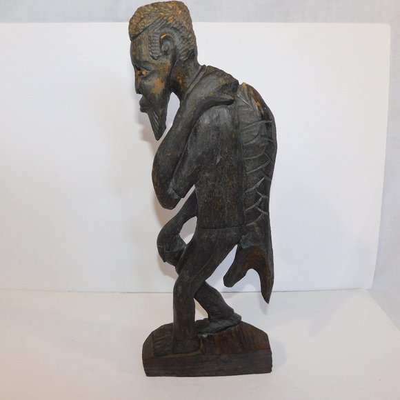 Vintage African Man Carrying Carp Fish On back Wooden hand Carved Sculpture 19" - Picture 1 of 8